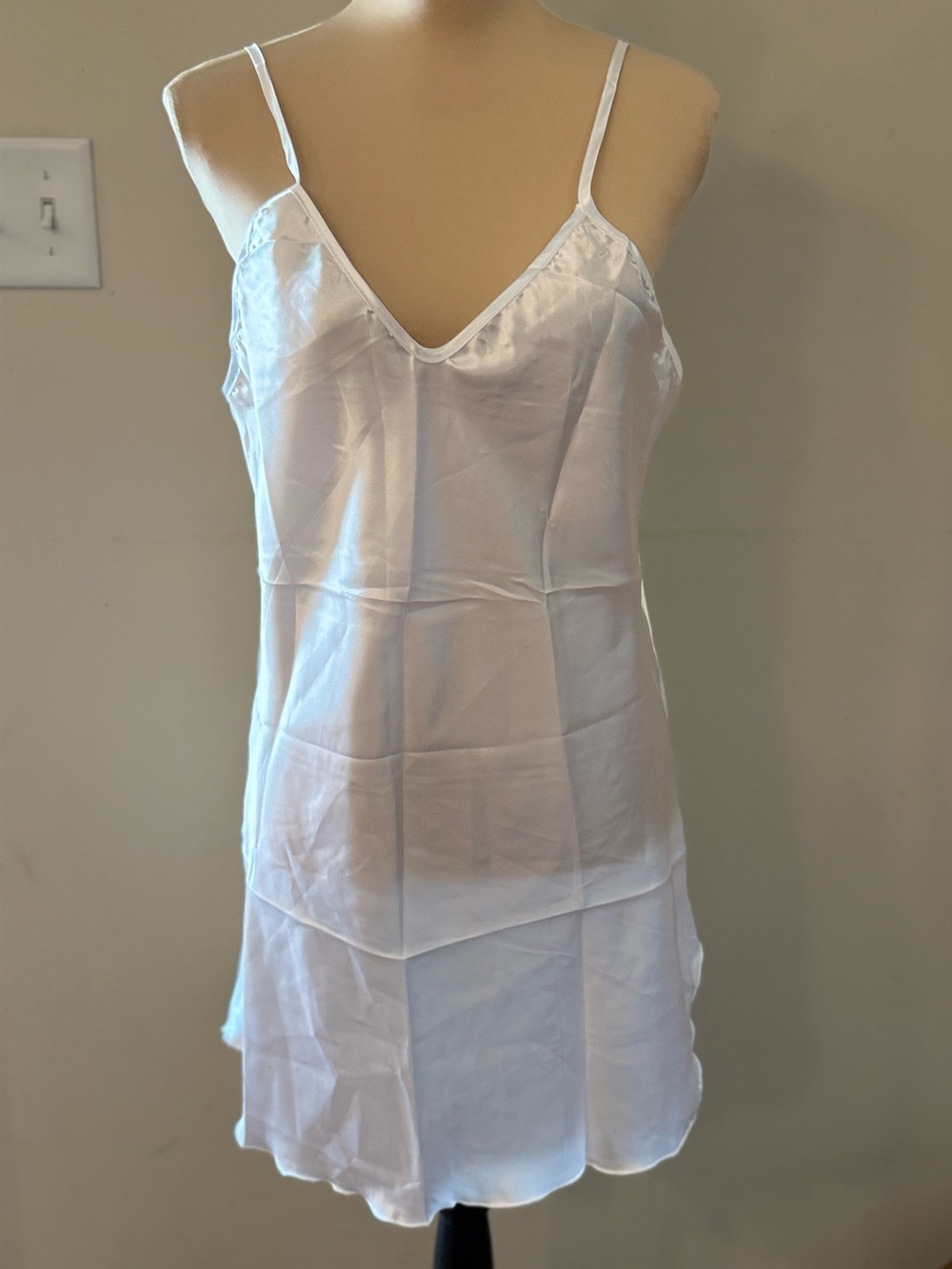 White satin semi sheer mini chemise adjustable spaghetti straps 18.5” PTP